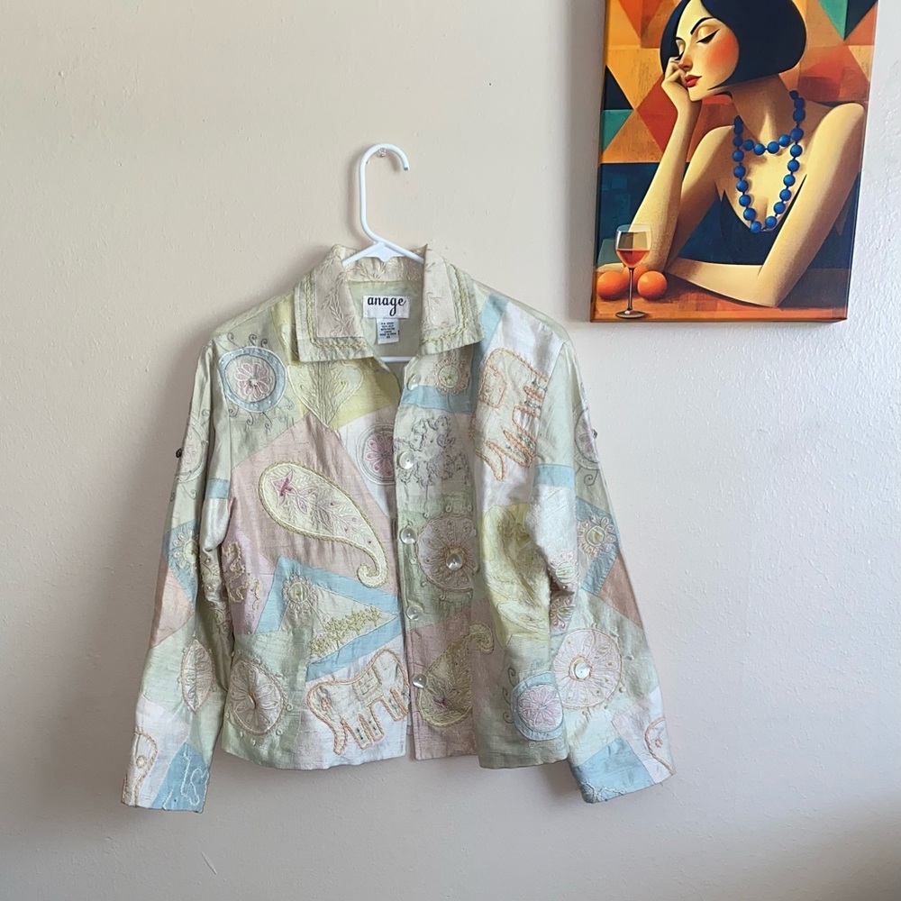 ANAGE | Vintage Women's XS Silk Pink  Floral Jacket Blazer Beaded Embroidered
